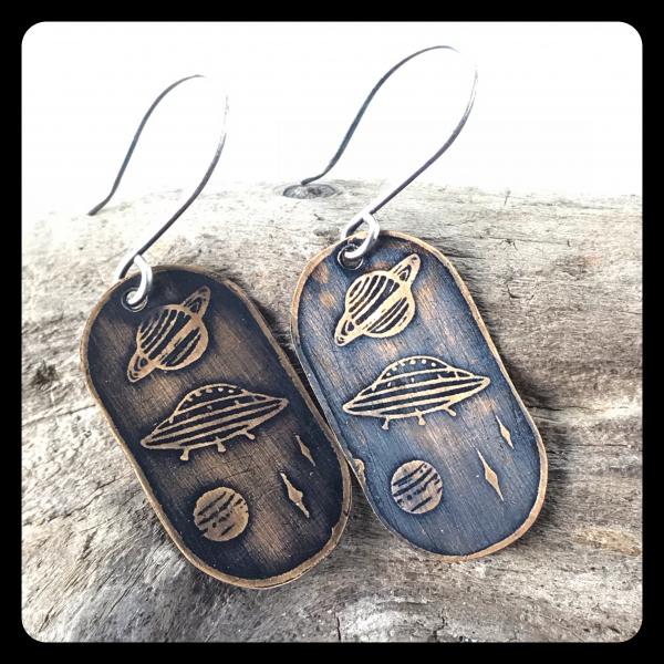 Solar System Alien Fly By Etched Copper and Sterling Silver Earrings picture
