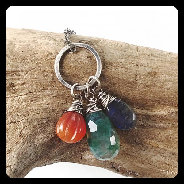 Labradorite, Carnelian, Moss Agate Cluster Necklace- sterling silver picture