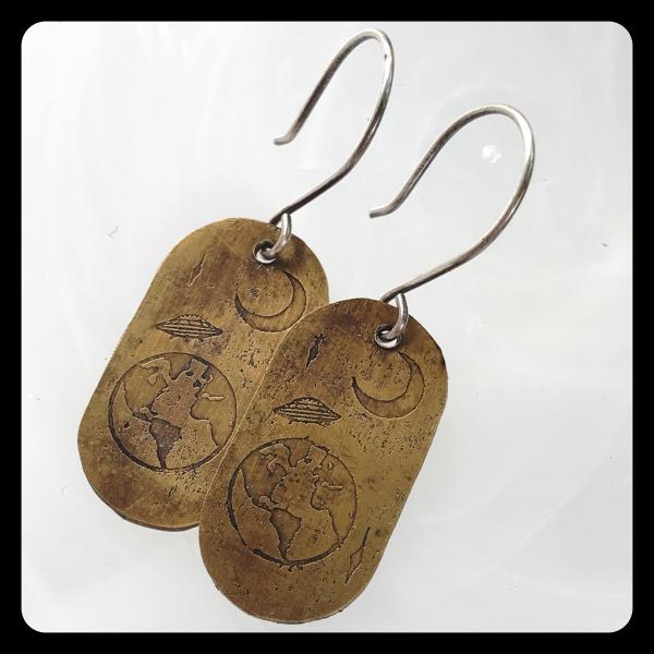 UFO Visits Earth Etched Copper and Sterling Silver Earrings picture