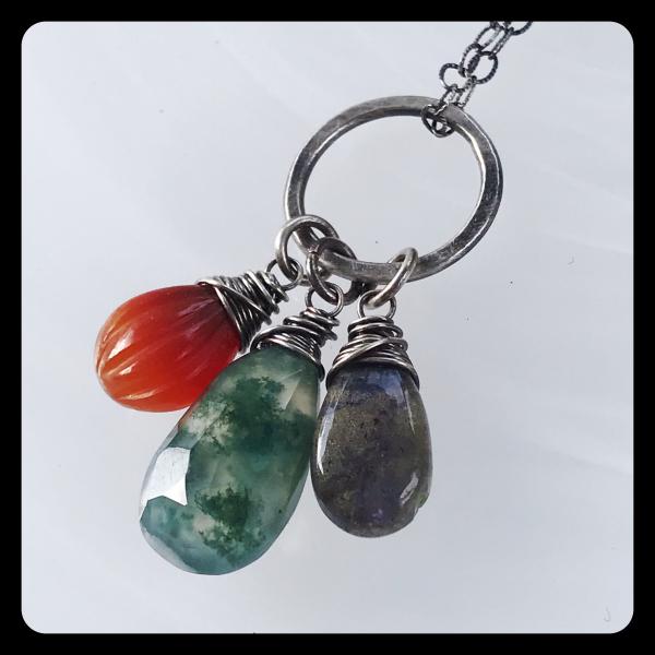 Labradorite, Carnelian, Moss Agate Cluster Necklace- sterling silver picture