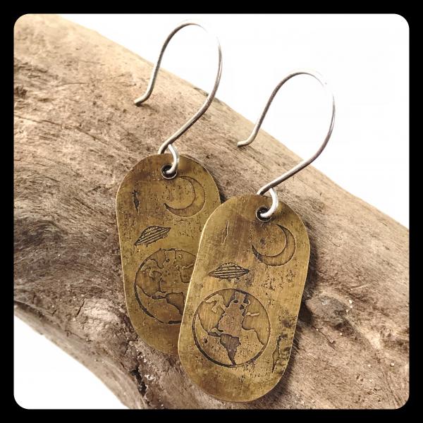 UFO Visits Earth Etched Copper and Sterling Silver Earrings picture