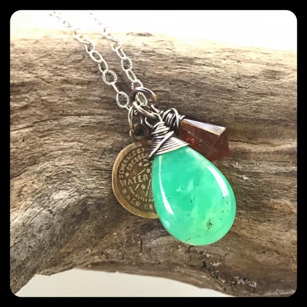 Chrysoprase, Hessonite Garnet, NOLA Water Meter Cluster Necklace- sterling silver picture