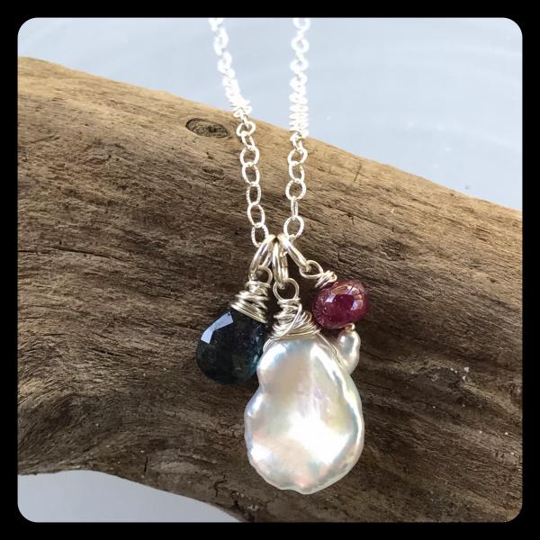 Keishi Pearl, Tourmaline, Ruby Cluster Necklace- sterling silver picture