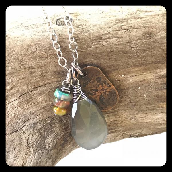 Moonstone, Ethiopian Opal, UFO etched charm Cluster Necklace- sterling silver picture