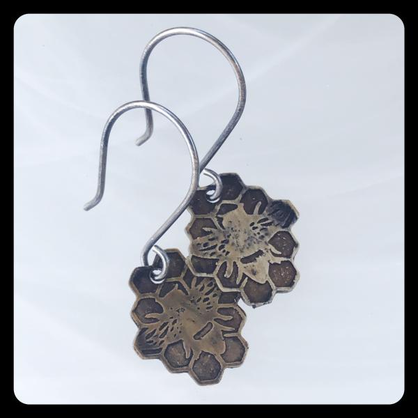 Bee and Honeycomb Etched Brass and Sterling Silver Earrings picture
