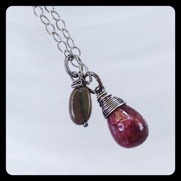 Black Ethiopian Opal, Ruby Cluster Necklace- sterling silver picture