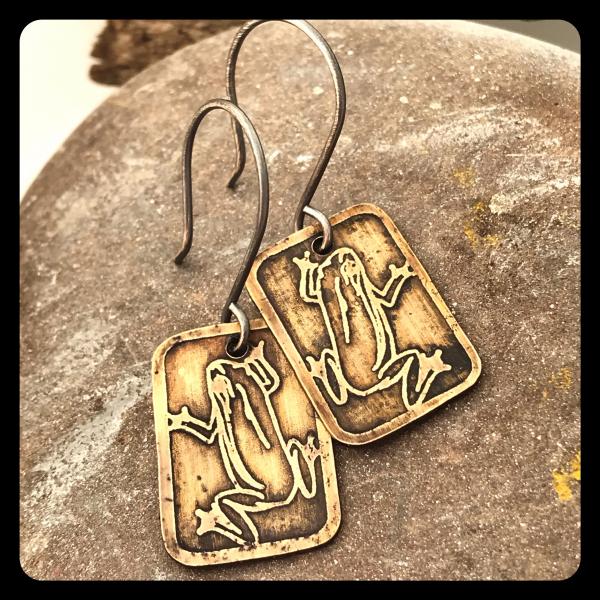 Tree Frog Etched Copper and Sterling Silver Earrings picture