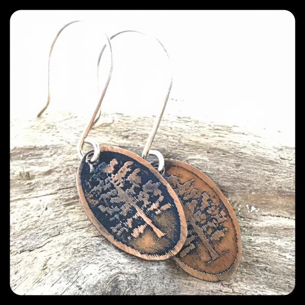 Cypress Tree Etched Copper and Sterling Silver Earrings picture