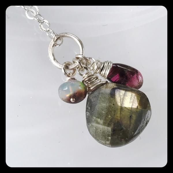 Labradorite, Tourmaline, Ethiopian Opal Cluster Necklace- sterling silver