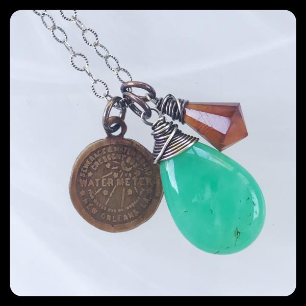 Chrysoprase, Hessonite Garnet, NOLA Water Meter Cluster Necklace- sterling silver picture