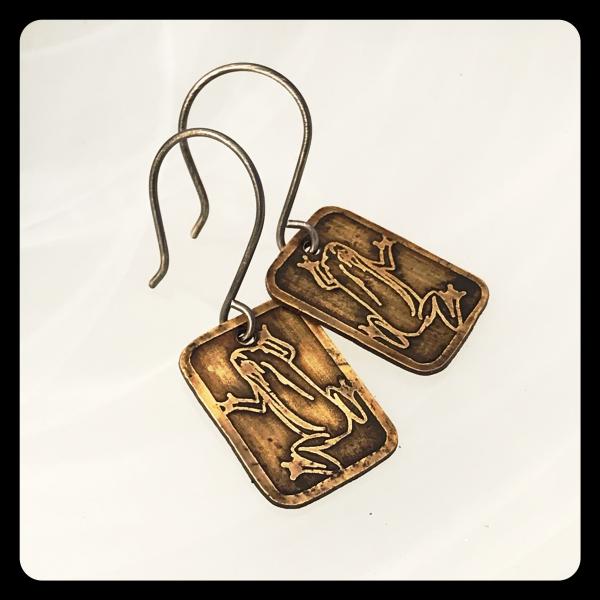 Tree Frog Etched Copper and Sterling Silver Earrings picture