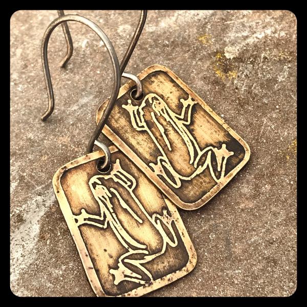 Tree Frog Etched Copper and Sterling Silver Earrings picture