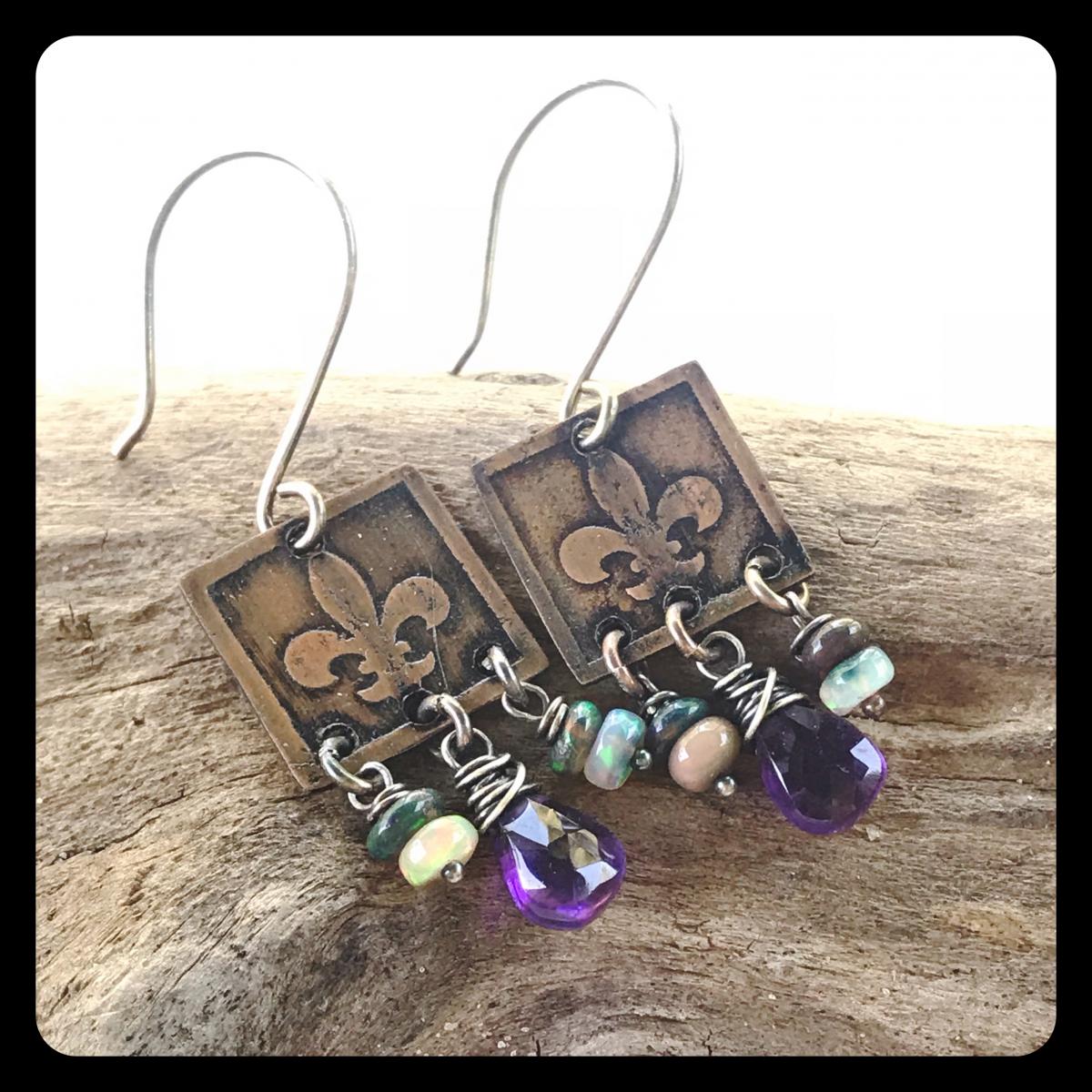 Amethyst Ethiopian Opal Fleur de Lis Etched Copper and Sterling Silver Earrings picture
