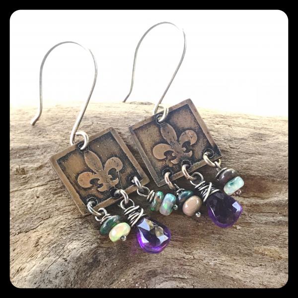 Amethyst Ethiopian Opal Fleur de Lis Etched Copper and Sterling Silver Earrings picture