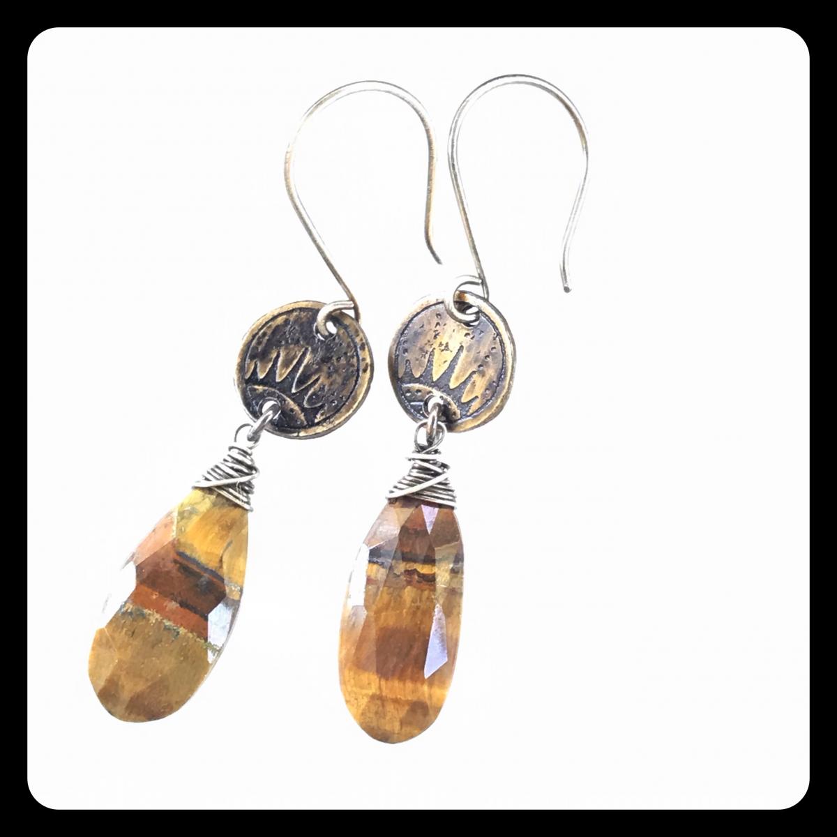 Tigers Eye Sunrise Etched Copper and Sterling Silver Earrings picture