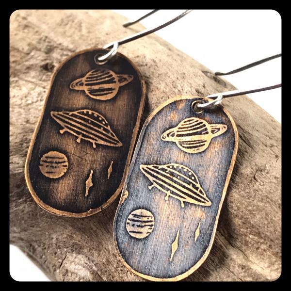 Solar System Alien Fly By Etched Copper and Sterling Silver Earrings picture