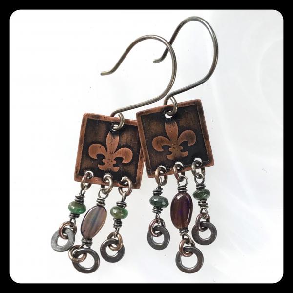 Emerald Ethiopian Opal Fleur de Lis Etched Copper and Sterling Silver Earrings picture