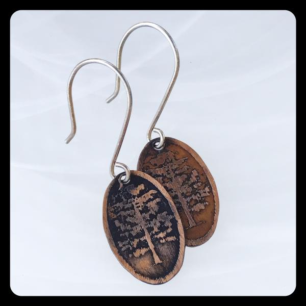 Cypress Tree Etched Copper and Sterling Silver Earrings picture