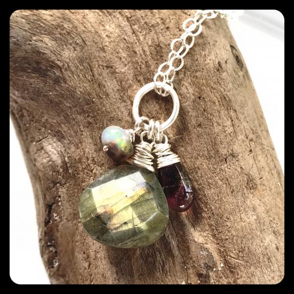 Labradorite, Tourmaline, Ethiopian Opal Cluster Necklace- sterling silver picture