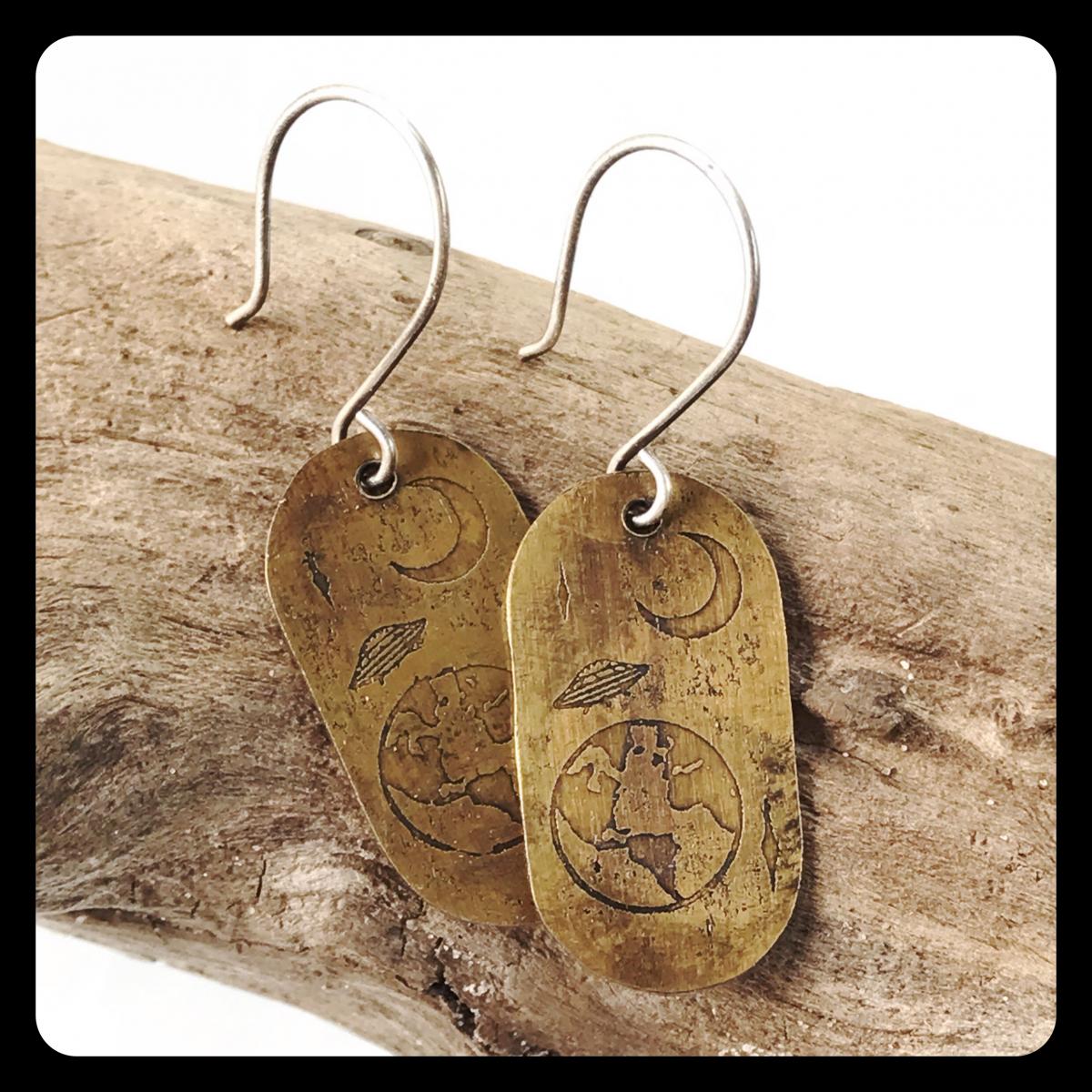 UFO Visits Earth Etched Copper and Sterling Silver Earrings picture