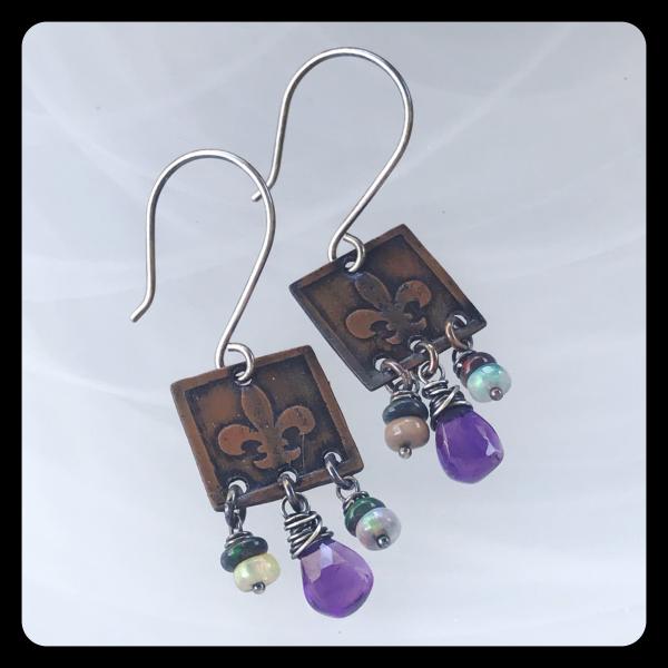 Amethyst Ethiopian Opal Fleur de Lis Etched Copper and Sterling Silver Earrings picture