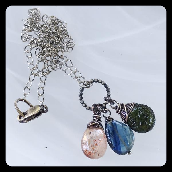 Oregon Sunstone, Tourmaline, Kyanite Cluster Necklace- sterling silver picture