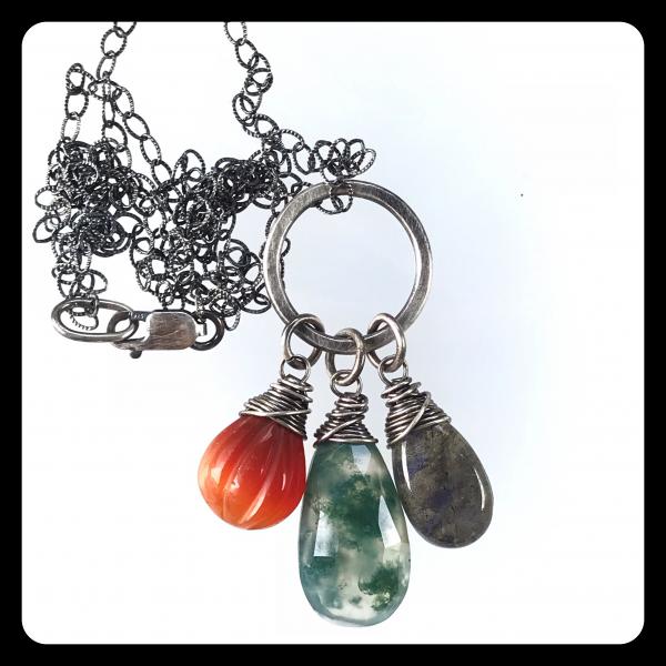 Labradorite, Carnelian, Moss Agate Cluster Necklace- sterling silver picture