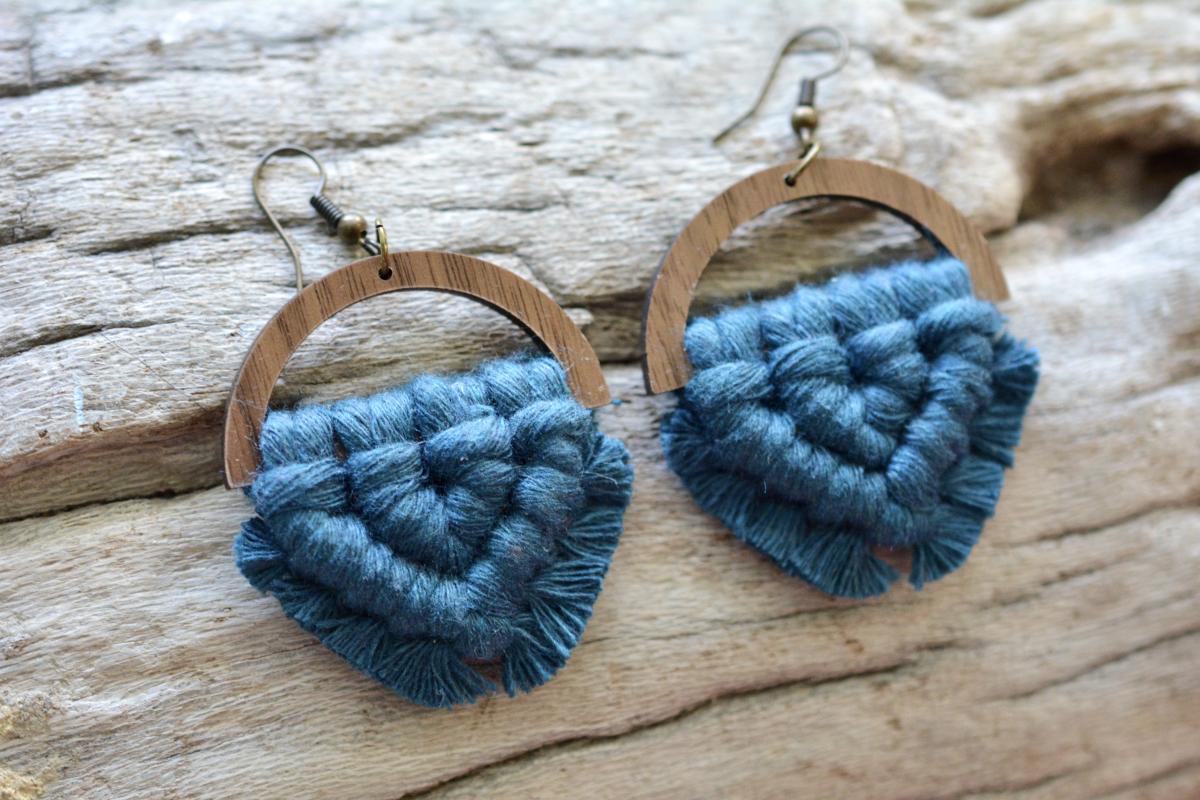 Peacock Wooden Macrame Earrings picture