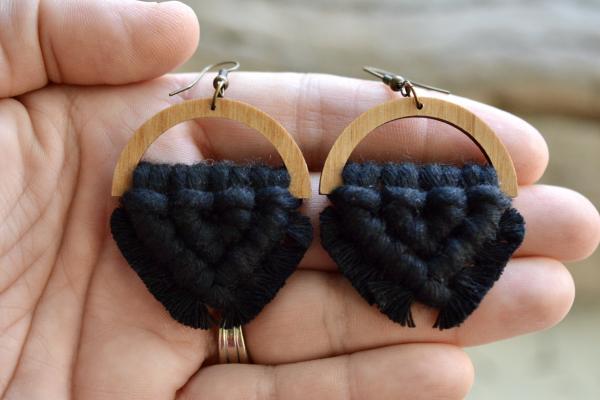 Black Macrame Wooden Earrings