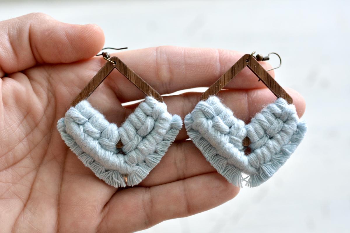 Light Blue Wooden Macrame Earrings picture