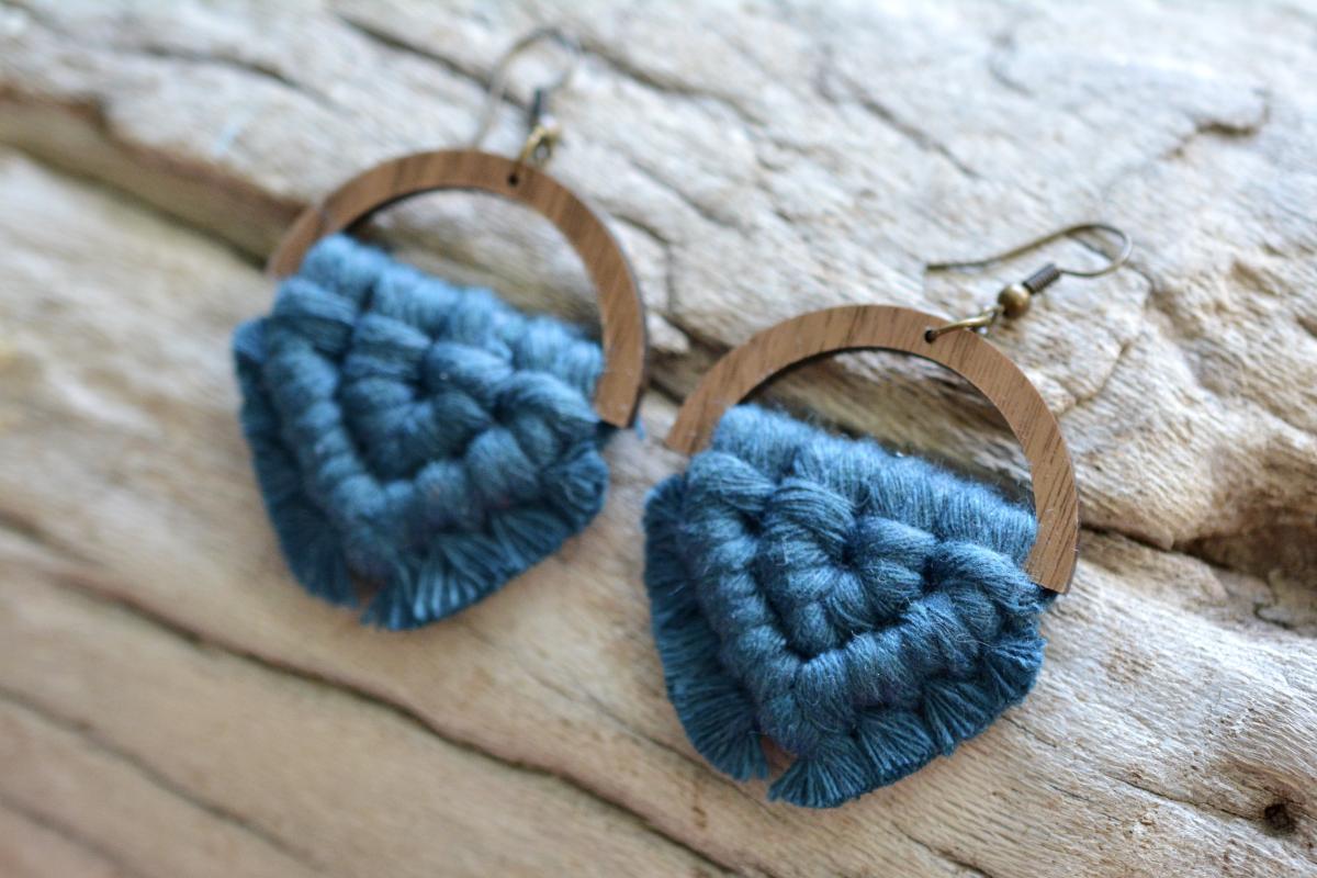 Peacock Wooden Macrame Earrings picture