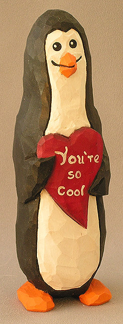 Wood Carving, Hand Carved, Hand Carved wood, Figurines in Wood, Penguin Holding a Red Heart  AM1 8â€X 2.5â€ X 2.5â€ picture
