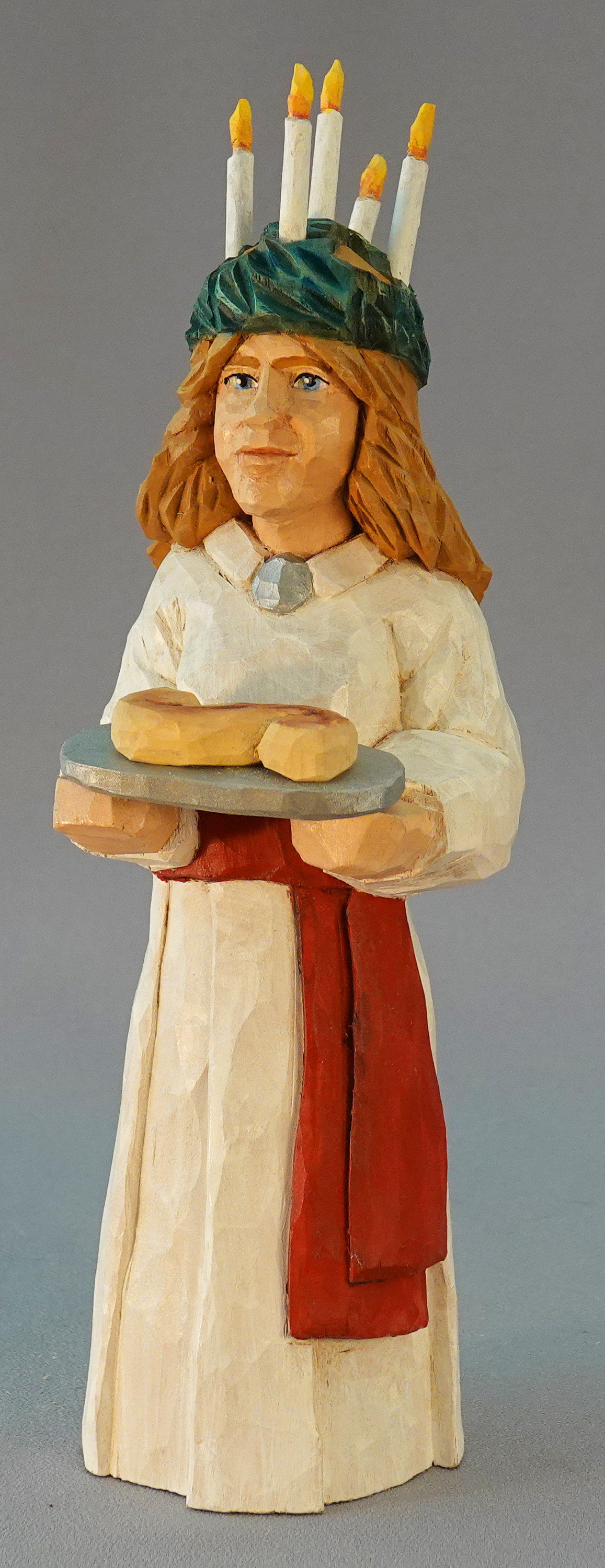 Scandinavian, Hand Carved Santa, Wood Carving, Santa Lucia Holding Saffron Bun, Candle Wreath on Head SA80 10.5Â X 3Â X 3Â picture