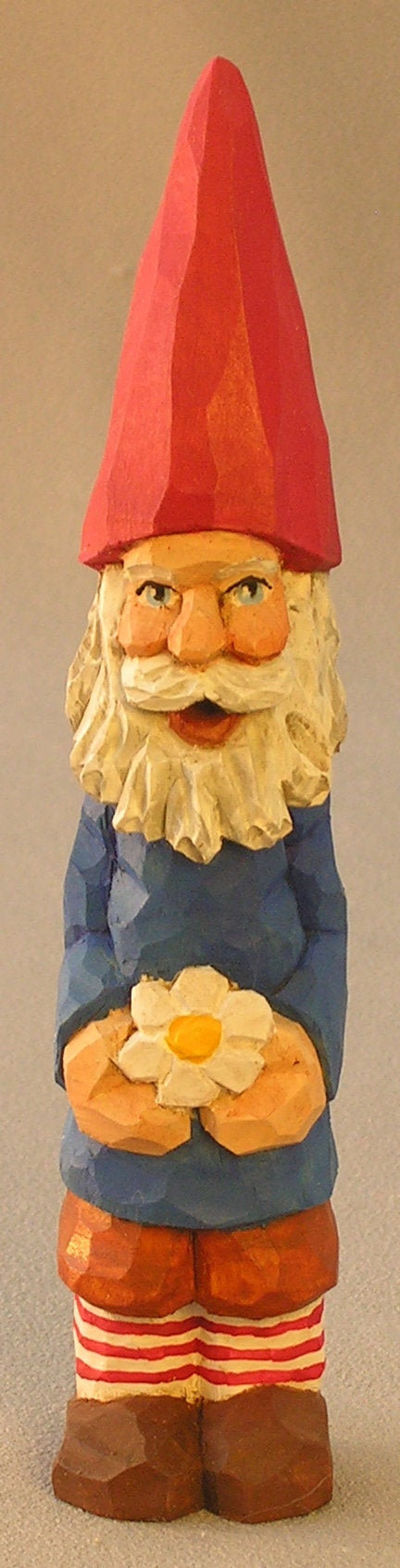 Wood Carving, Woodland Creature, Vintage Style Wood Carving, Hand Carved Original, Hand Carved Gnome Holding Daisy SA13 6.5 X 1.5 X 1.5 picture