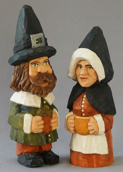 Hand Carved Pilgrims, Wood Carving, Thanksgiving Carvings, Thanksgiving Wood Art, Mr. and Mrs. Gnome Pilgrim Couple HO29 7.5 X 2 X 2 X 2 picture