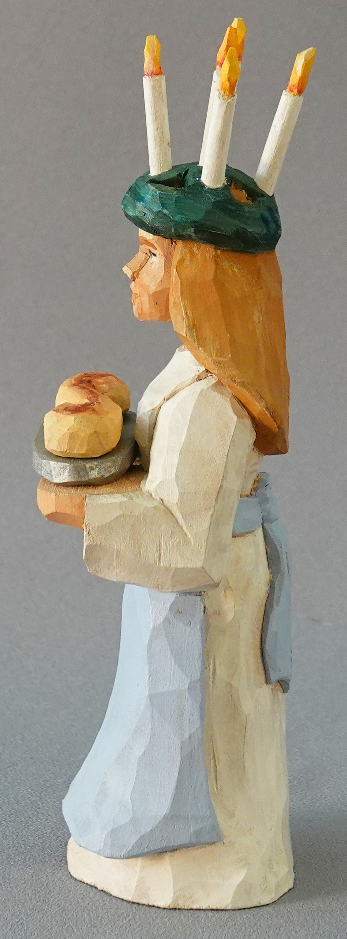 Wood Carving, Santa Claus Figurines, Wood Art, Santa Lucia Holding Saffron Bun with Candle Wreath on Her Head SA79 7.5Â X 2Â X 2Â picture