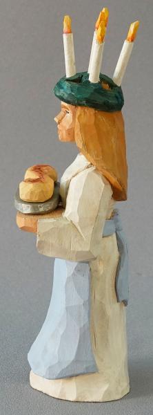 Wood Carving, Santa Claus Figurines, Wood Art, Santa Lucia Holding Saffron Bun with Candle Wreath on Her Head SA79 7.5 X 2 X 2 picture