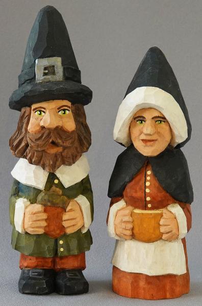 Hand Carved Pilgrims, Wood Carving, Thanksgiving Carvings, Thanksgiving Wood Art, Mr. and Mrs. Gnome Pilgrim Couple HO29 7.5 X 2 X 2 X 2 picture