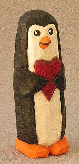 Wood Carving, Hand Carved, Wood Animals, Carved Original, Hand Carved, Hand carved original, Penguin holding red heart  AM4 4Â X 1.5Â X 1.5Â picture