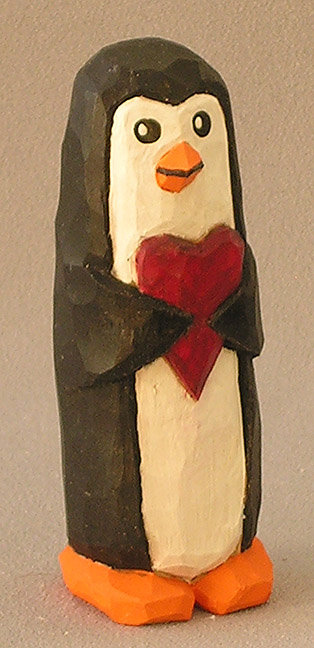 Wood Carving, Hand Carved, Wood Animals, Carved Original, Hand Carved, Hand carved original, Penguin holding red heart  AM4 4 X 1.5 X 1.5 picture