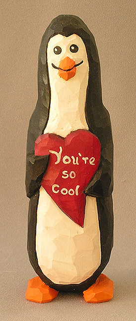 Wood Carving, Hand Carved, Hand Carved wood, Figurines in Wood, Penguin Holding a Red Heart  AM1 8â€X 2.5â€ X 2.5â€ picture