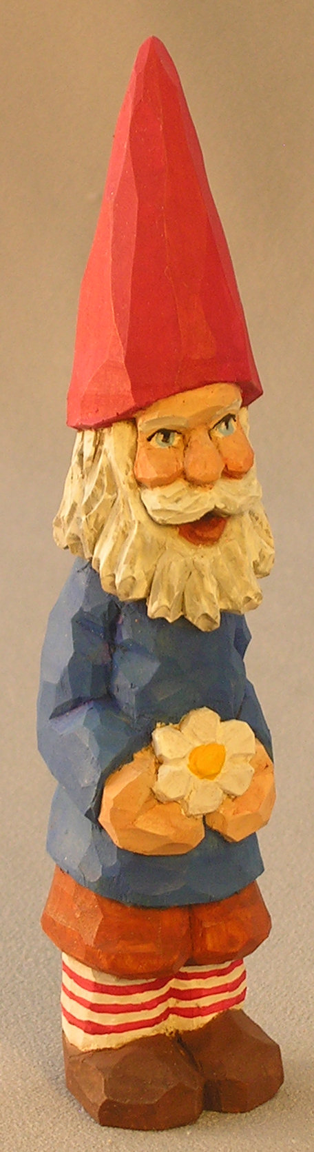 Wood Carving, Woodland Creature, Vintage Style Wood Carving, Hand Carved Original, Hand Carved Gnome Holding Daisy SA13 6.5Â X 1.5Â X 1.5Â picture