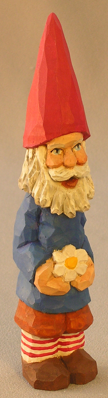 Wood Carving, Woodland Creature, Vintage Style Wood Carving, Hand Carved Original, Hand Carved Gnome Holding Daisy SA13 6.5 X 1.5 X 1.5 picture