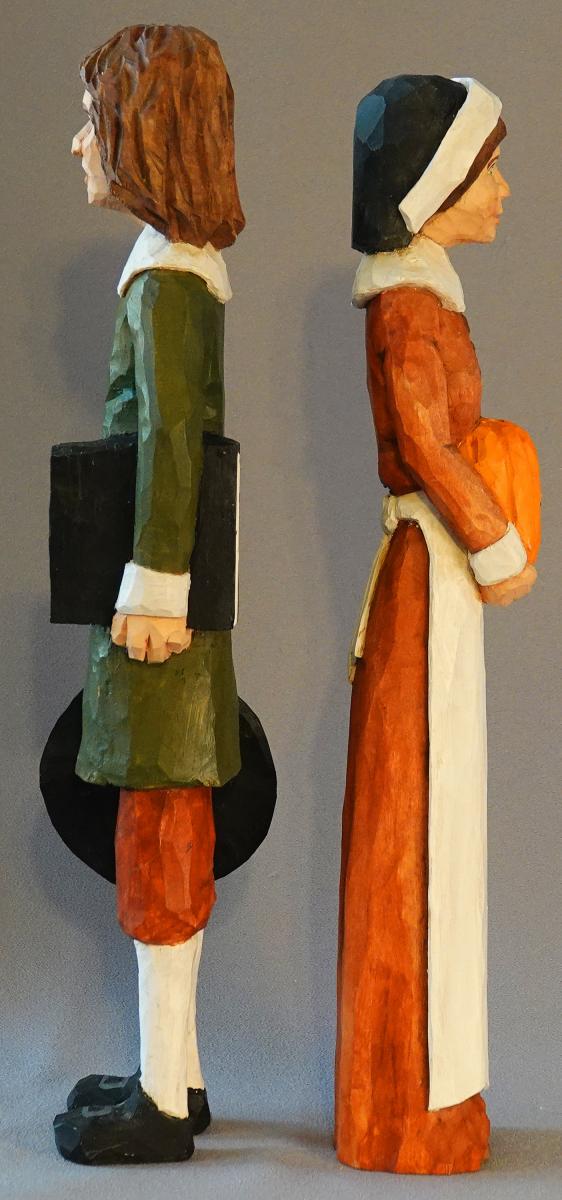 Hand Carved Pilgrims, Wood Carving, Thanksgiving Carvings, Thanksgiving Art, Mr. and Mrs. Extra Tall Pilgrim Couple HO30 12 X 2.5Â X 2Â X 2 picture