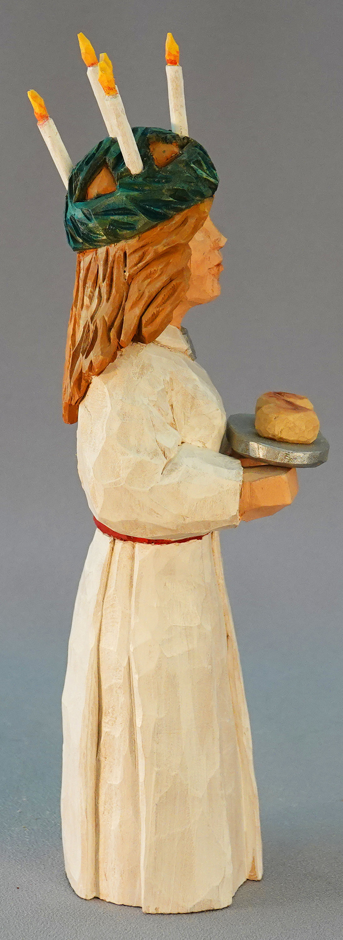 Scandinavian, Hand Carved Santa, Wood Carving, Santa Lucia Holding Saffron Bun, Candle Wreath on Head SA80 10.5Â X 3Â X 3Â picture