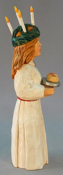 Scandinavian, Hand Carved Santa, Wood Carving, Santa Lucia Holding Saffron Bun, Candle Wreath on Head SA80 10.5 X 3 X 3 picture