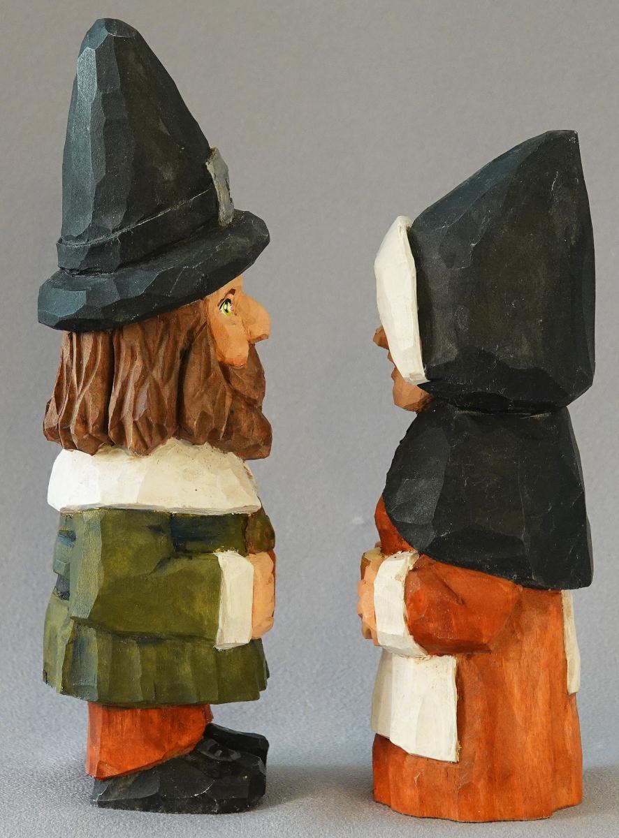 Hand Carved Pilgrims, Wood Carving, Thanksgiving Carvings, Thanksgiving Wood Art, Mr. and Mrs. Gnome Pilgrim Couple HO29 7.5Â X 2Â X 2Â X 2Â picture