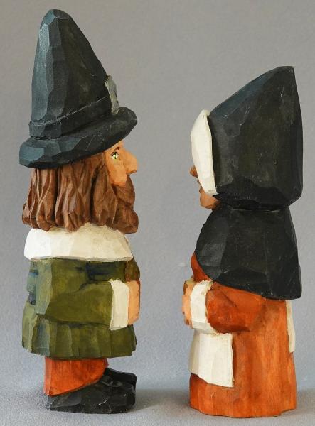 Hand Carved Pilgrims, Wood Carving, Thanksgiving Carvings, Thanksgiving Wood Art, Mr. and Mrs. Gnome Pilgrim Couple HO29 7.5 X 2 X 2 X 2 picture