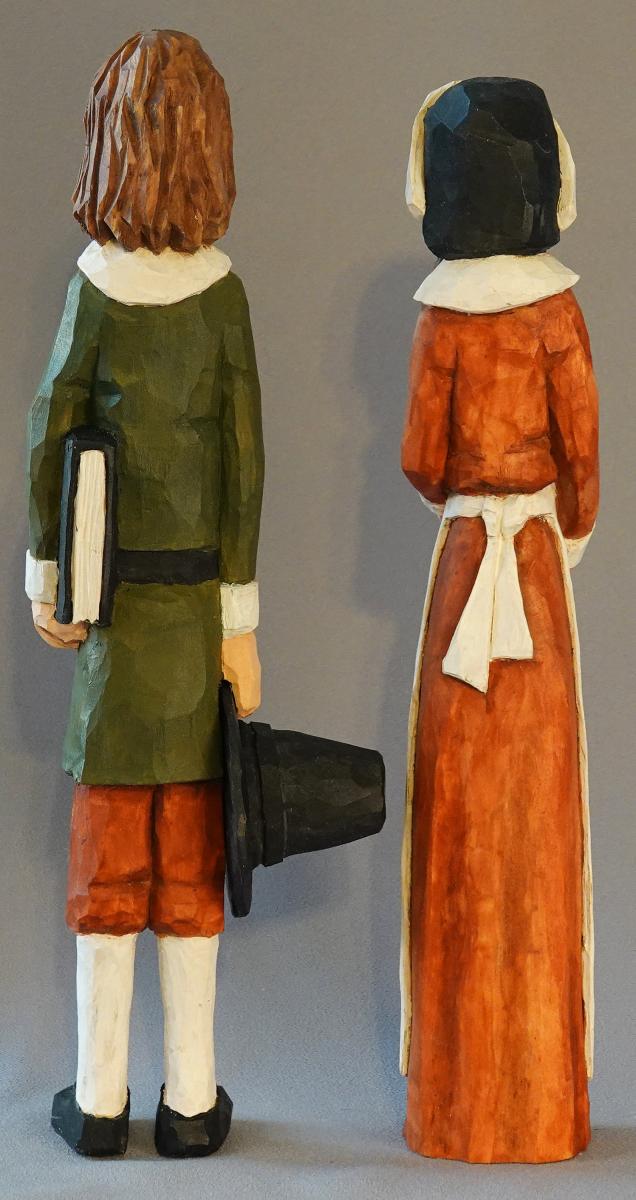 Hand Carved Pilgrims, Wood Carving, Thanksgiving Carvings, Thanksgiving Art, Mr. and Mrs. Extra Tall Pilgrim Couple HO30 12 X 2.5Â X 2Â X 2 picture