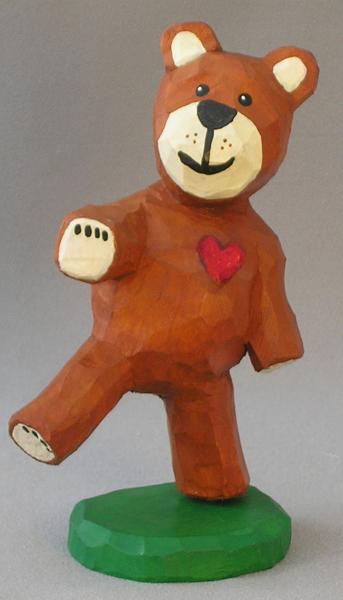 Wood Carving, Figurines in Wood, Carved Original, Hand Carved Original, Teddy Bear Walk on Green Base AM 7 5.5 X 3.5 X 2.5